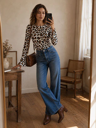 Polera Animal Print Blanco Mujer Manga Larga Acampanada