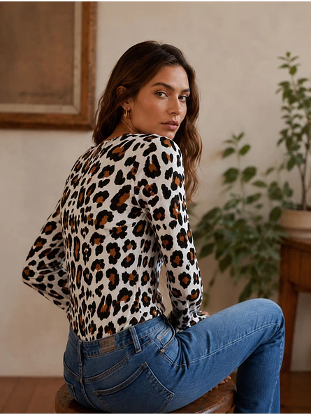 Polera Animal Print Blanco Mujer Manga Larga Acampanada 7