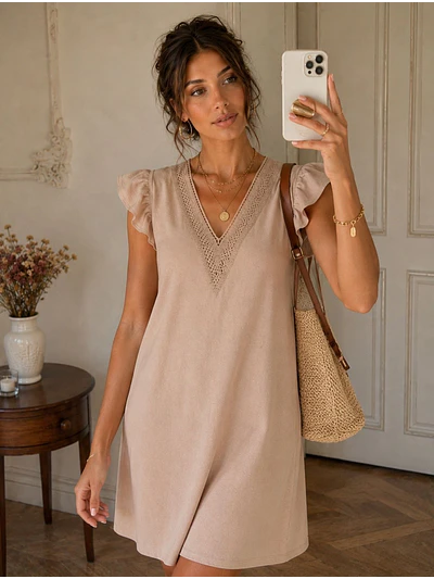 Vestido Mujer Beige con Escote Macramé y Bolsillos