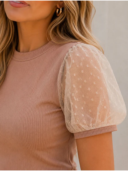 Vestido Drapeado Mujer Beige con Mangas de Tul  5