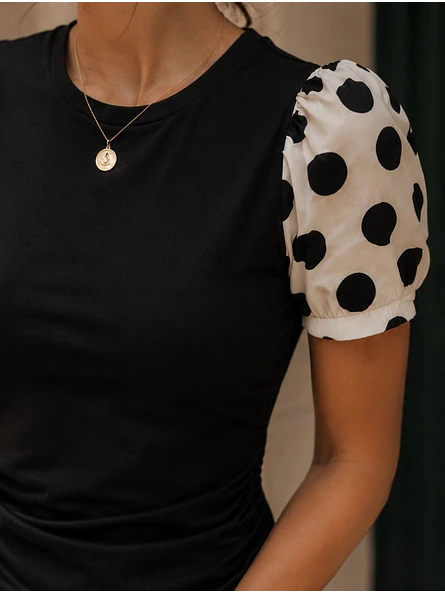 Vestido Negro Mujer Drapeado con Mangas de Lunares estilo Polka Dot 3