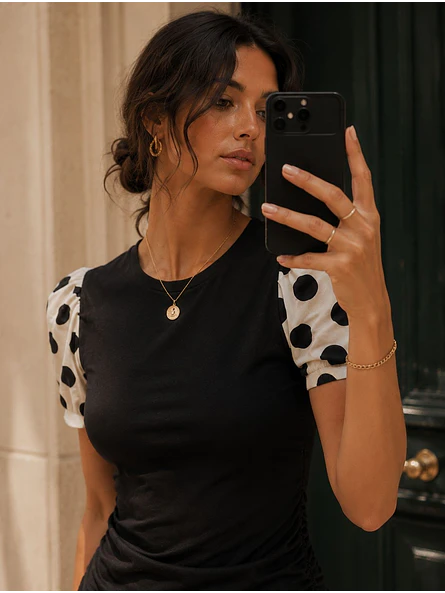 Vestido Negro Mujer Drapeado con Mangas de Lunares estilo Polka Dot 4