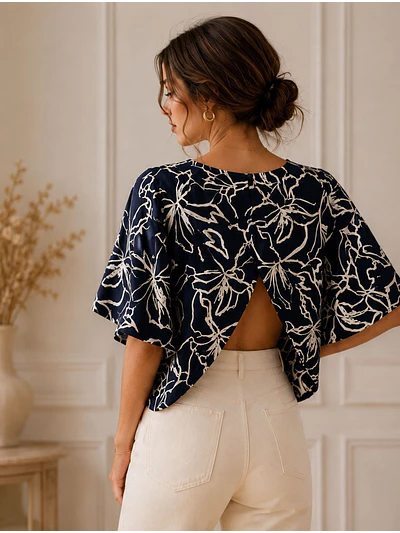 Polera Oversize Mujer Azul Floral Espalda Abierta