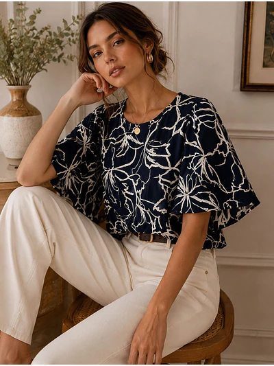 Polera Oversize Mujer Azul Floral Espalda Abierta