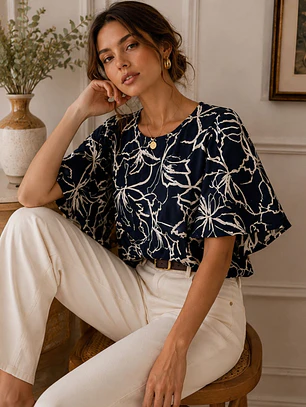 Polera Oversize Mujer Azul Floral Espalda Abierta