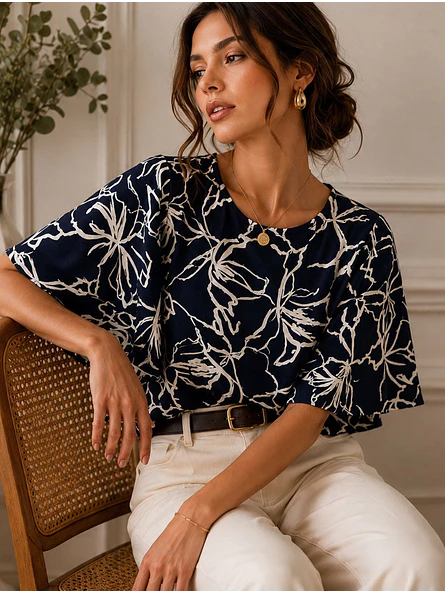 Polera Oversize Mujer Azul Floral Espalda Abierta 3
