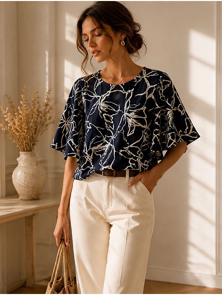 Polera Oversize Mujer Azul Floral Espalda Abierta 4