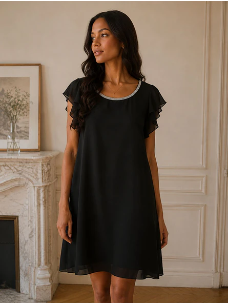 Vestido Negro Mujer de Gasa con Brillos para Fiesta 5