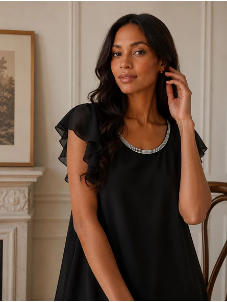 Vestido Negro Mujer de Gasa con Brillos para Fiesta 6
