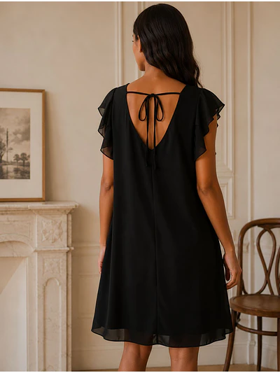 Vestido Negro Mujer de Gasa con Brillos para Fiesta