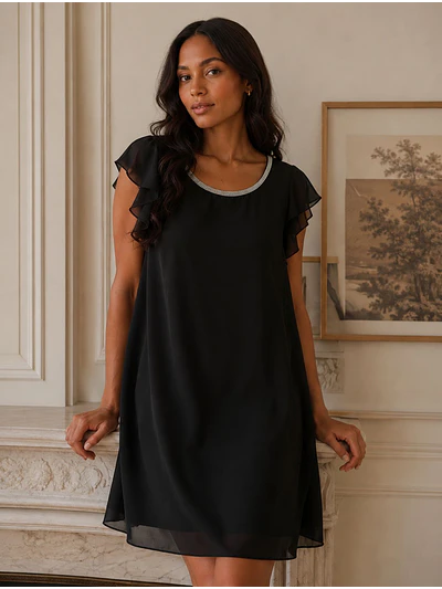 Vestido Negro Mujer de Gasa con Brillos para Fiesta