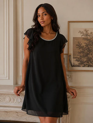 Vestido Negro Mujer de Gasa con Brillos para Fiesta