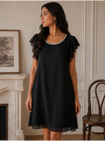 Vestido Negro Mujer de Gasa con Brillos para Fiesta 7