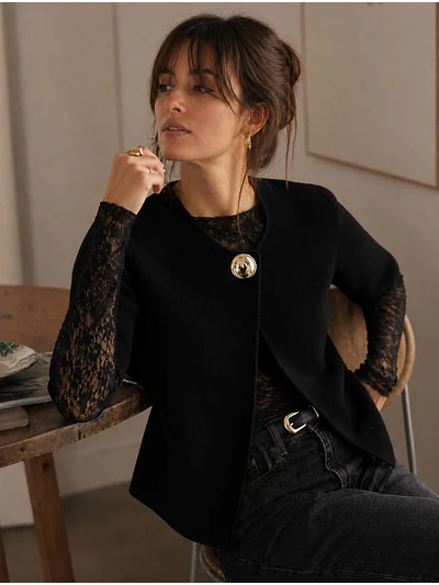 Chaleco Tipo Capa Mujer Broche Dorado Manga Codo