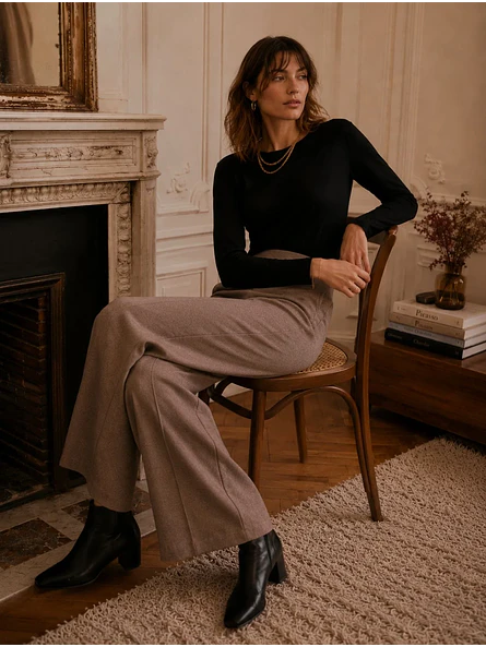 Pantalón Palazzo Lanilla Tiro Alto Mujer | Negro, Beige, Burdeo, Verde y Camel 9