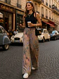 Pantalón Palazzo Mujer Beige con Flores Pastel Tiro Alto - Miniatura 1