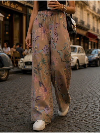 Pantalón Palazzo Mujer Beige con Flores Pastel Tiro Alto