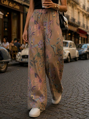 Pantalón Palazzo Mujer Beige con Flores Pastel Tiro Alto