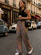 Pantalón Palazzo Mujer Beige con Flores Pastel Tiro Alto - Miniatura 3