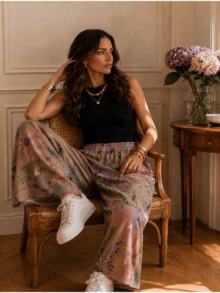 Pantalón Palazzo Mujer Beige con Flores Pastel Tiro Alto 7