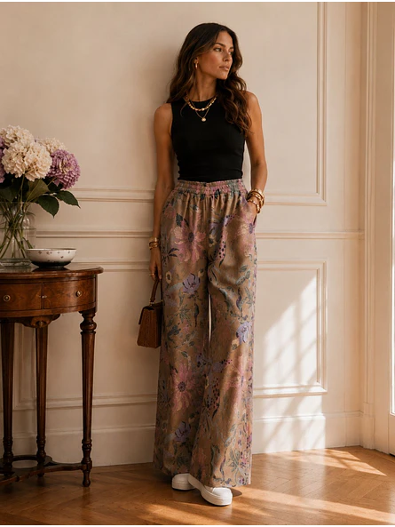 Pantalón Palazzo Mujer Beige con Flores Pastel Tiro Alto 8