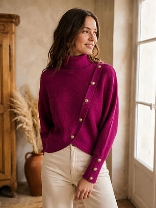 Sweater Fucsia Manga Murciélago con Botones y Cuello Alto