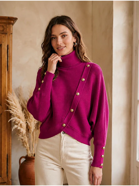Sweater Fucsia Manga Murciélago con Botones y Cuello Alto 3