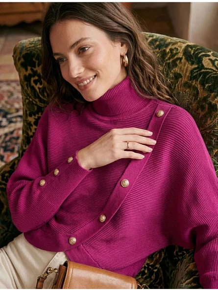 Sweater Fucsia Manga Murciélago con Botones y Cuello Alto 5