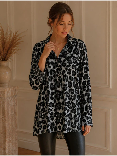 Blusa Animal Print Gris Larga Oversize Mujer 8