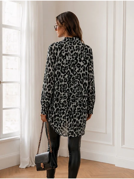 Blusa Animal Print Gris Larga Oversize Mujer 3