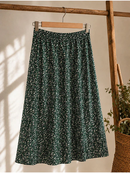 Falda Midi Mujer Verde con Estampado Floral y Abertura 6