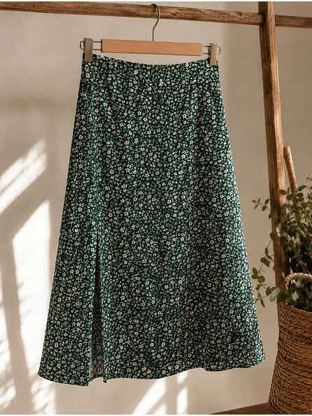 Falda Midi Mujer Verde con Estampado Floral y Abertura 5