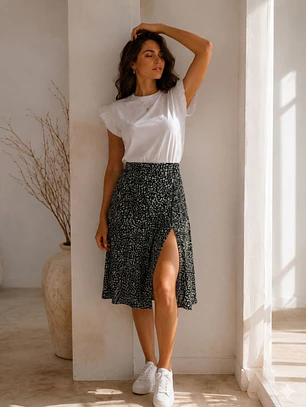Falda Midi Mujer Negra con Estampado Floral y Abertura