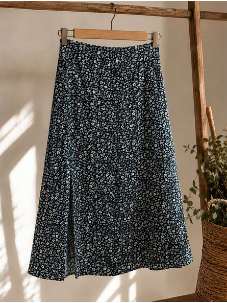 Falda Midi Mujer Negra con Estampado Floral y Abertura 9