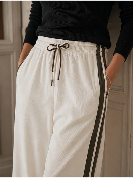 Pantalón Palazzo Blanco Cotele Franjas Café Mujer 2