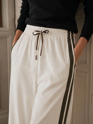 Pantalón Palazzo Blanco Cotele Franjas Café Mujer