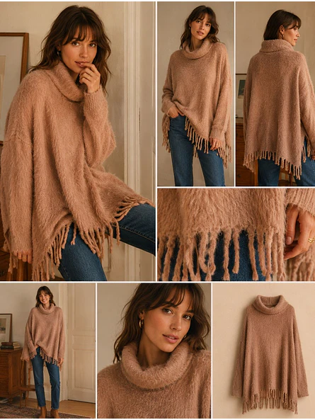 Maxi Sweater Estilo Poncho con Flecos y Cuello Caído 2