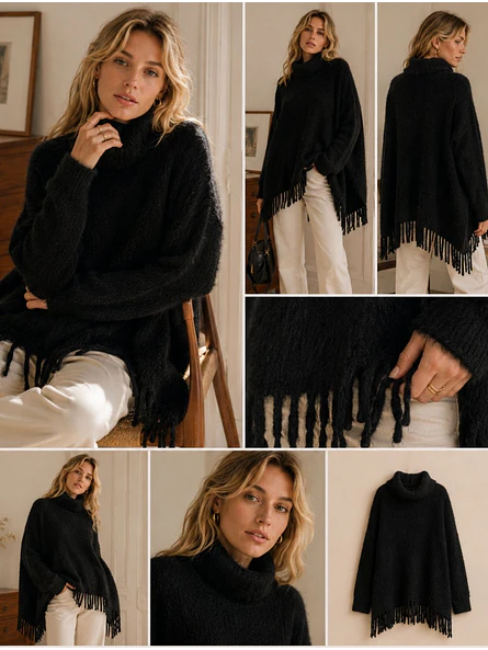 Maxi Sweater Estilo Poncho con Flecos y Cuello Caído 4