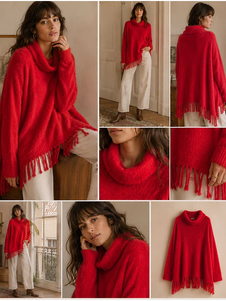 Maxi Sweater Estilo Poncho con Flecos y Cuello Caído 6