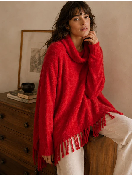 Maxi Sweater Estilo Poncho con Flecos y Cuello Caído 7