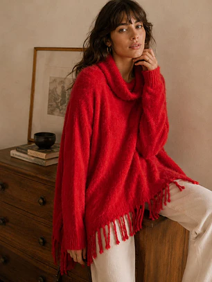 Maxi Sweater Estilo Poncho con Flecos y Cuello Caído