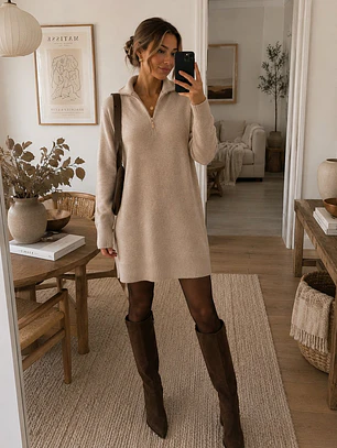 Vestido Lanilla Mujer Beige con Gorro Invierno 2026
