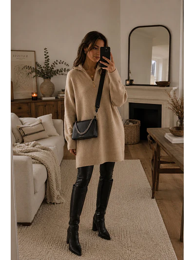 Vestido Lanilla Mujer Beige con Gorro Invierno 2026