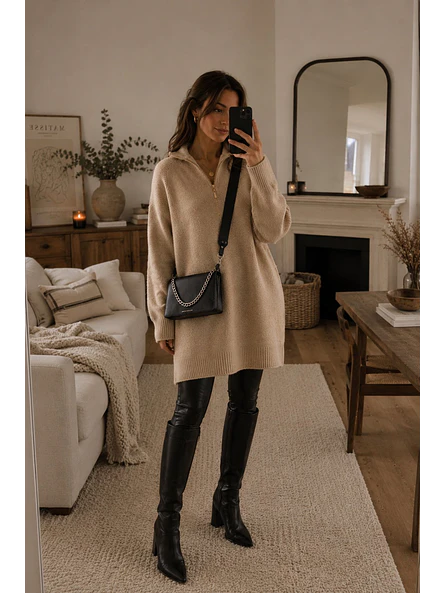 Vestido Lanilla Mujer Beige con Gorro Invierno 2026 1