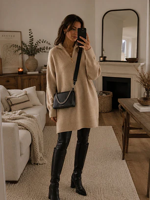 Vestido Lanilla Mujer Beige con Gorro Invierno 2026