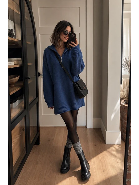 Vestido Lanilla Mujer Azul Piedra con Gorro Invierno 2026 1