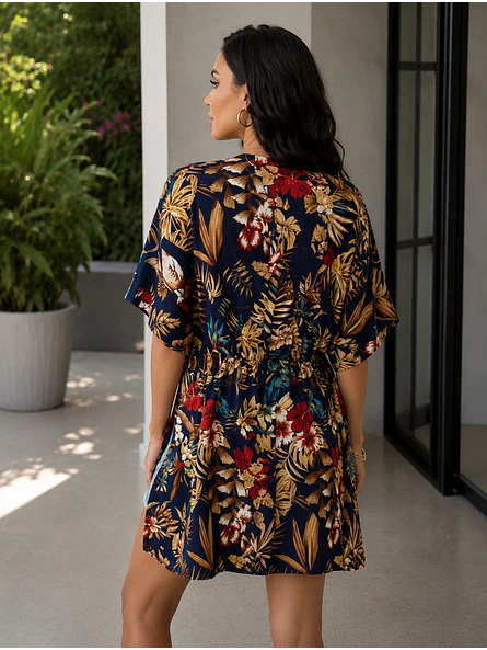 Tapado Kimono Mujer Azul Estampado Tropical 4