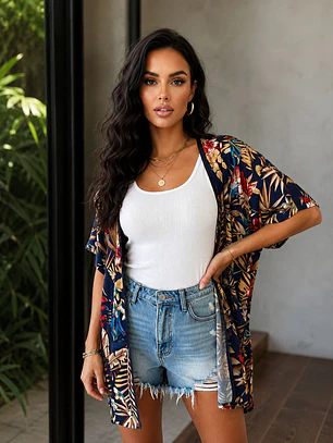 Tapado Kimono Mujer Azul Estampado Tropical