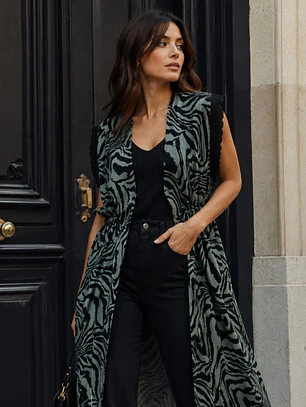 Tapado Largo Verde Animal Print Cebra Mujer