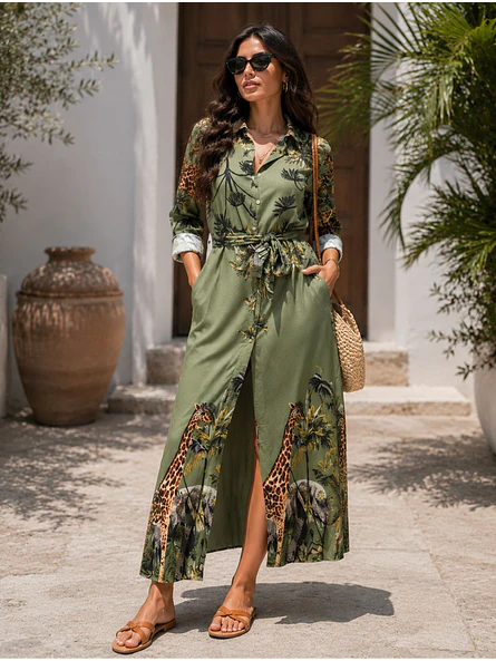 Vestido Camisero Verde Mujer Manga Larga Estilo Safari 1